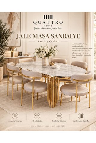 QUATTRO HOME Jale Masa Sandalye Takımı – Mermer Desenli Gold Metal Ayaklı 6 Sandalyeli Yemek Takımı-Takım İçeriği: 1 Masa + 6 Sandalye