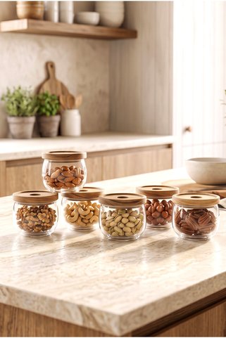 Kitchen Life 6'lı Akasya Vakum Kapaklı Yuvarlak Cam Kahvaltılık Sunum Kasesi 300 ml