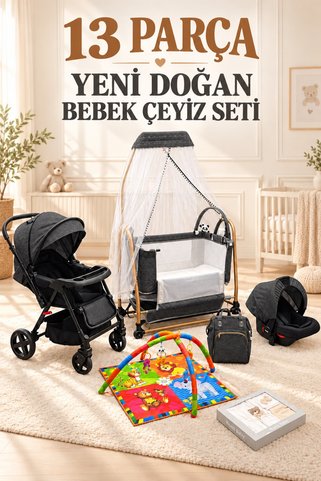 ÖYKÜ BEBEK DUNYASI 13 Parça Trendy Yeni Doğan Bebek Çeyiz Seti Full Set Bebek Arabası-Beşik-Puset-Çanta-Hastane Çıkışı-Oyun Halısı-Yatak