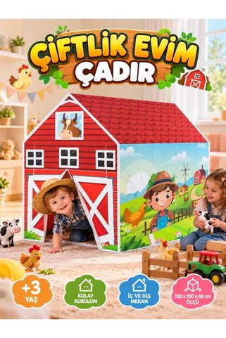 Tıfıl Toys Çiftlik Evi Temalı Çocuk Çadırı Tek Yönlü Pencereli Hayal Evi 100 X 100 CM Eğlenceli Oyuncak Çadır