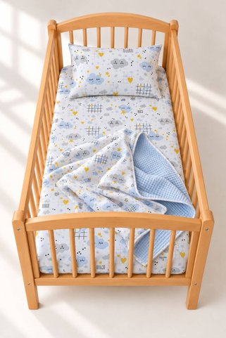 Yada Baby %100 Organik Pamuklu İnterlok Kumaştan Çift Taraflı Kullanımlı Pike & Lastikli Çarşaf & Yastık Kılıfı 3'lü Seti / Bebek - Çocuk Çift Katlı Pike Takımı