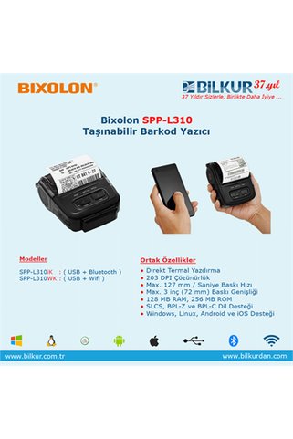 BIXOLON 203dpi SPP-L310WK 72mm 127mm/sn USB + Seri + WiFi Taşınabilir Barkod Etiket Yazıcı