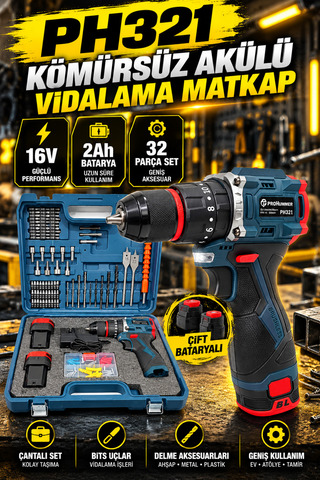 PROHUMMER PH321 Kömürsüz Şarjlı Matkap Vidalama Seti 16V 2Ah 32 Parça Çantalı