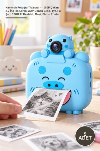 Yenilig 5 Adet Kameralı Fotoğraf Yazıcısı – 1080P Çekim, 2.0 İnç Ips Ekran, 360° Dönen Lens, Type-C Şarj, 32GB Tf Destekli, Mavi, Photo Printer