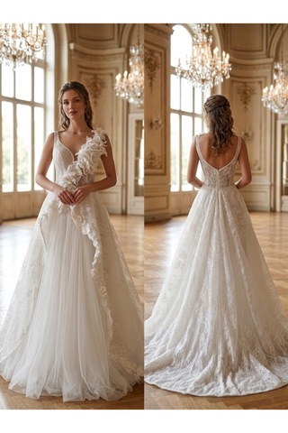 JABO WEDDİNG HOUSE GELİNLİK 38 BEDEN SERT GREN ÜZERİNE DANTEL SİM VE TAŞ İŞLEME DETAYLI ÇAN MODEL GELİNLİK