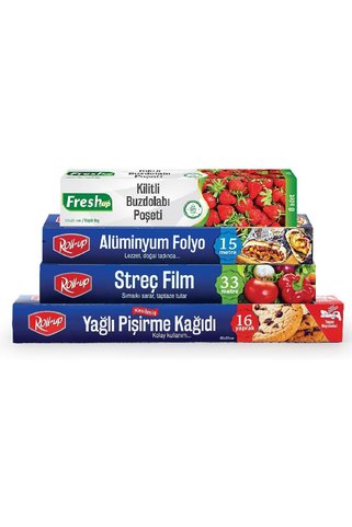 Roll-Up Pişirme Kağıdı- Streç Film - Buzdolabı Poşeti Ekonomik Mutfak Seti -2 (6'li Paket)