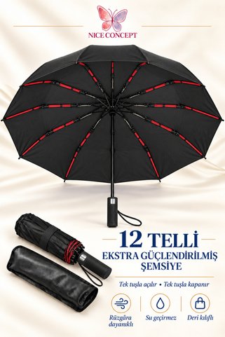 Nice Concept 12 Telli Ekstra Güçlendirilmiş Tam Otomatik Şemsiye, Rüzgâra Dayanıklı, Su Geçirmez, Deri Kılıflı