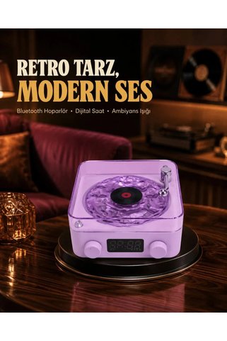 Projektör Işıklı Retro Hoparlör Bluetooth Aux Usb Hafıza Kartlı 360° Sesli Şarjlı