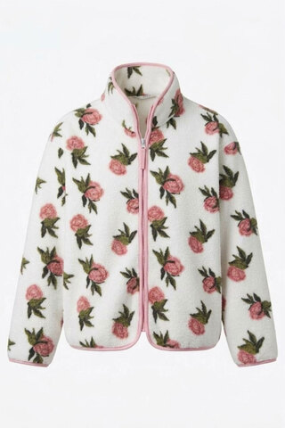 MAGARDE PREMİUM ÇİÇEK DESENLİ FERMUARLI POLAR HIRKA- PEMBE