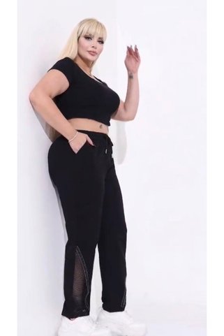 Esina Kadın Boru Paça Eşofman Altı Paçası File ve Taş Detaylı
