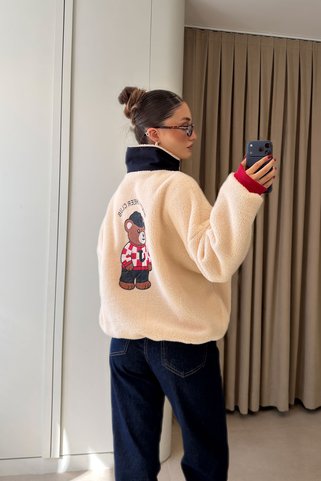 MAGARDE Ekru Arkası Ayıcık Baskılı Polar Sweat- EKRU