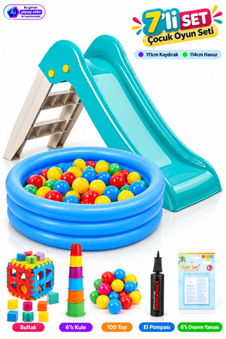 YILDIRIM OYUNCAK 7'li Çocuk Kaydırak ve Top Havuzu Oyun Seti – 111 cm Kaydırak, 114x25 cm Şişme Havuz, 100 Renkli Top, Eğitici Bultak Küpü, 6'lı Kule, El Pompası ve 6'lı Onarım Yaması