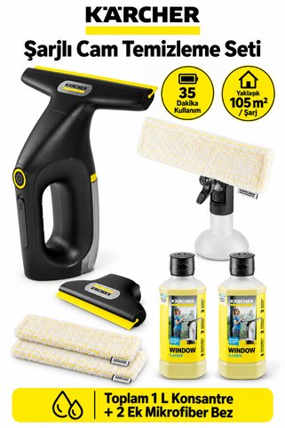 Karcher Kärcher Şarjlı Cam Temizleme Makinesi Siyah 35 Dakika + 1 L Konsantre ve 2 Ek Mikrofiber Bez