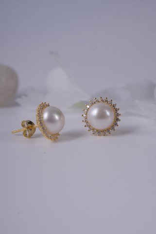 Aksesuaring 7mm Okyanus İncisi & Zirkon Taşlı Gümüş Küpe
