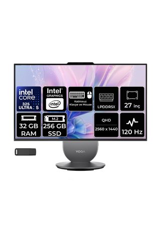 LENOVO Yoga 27IPH11 Intel Core Ultra 5 325 32GB RAM 256GB SSD 27" QHD 99% sRGB 350nits 120Hz FreeDOS F0JR000UTRP301 Pivot All in One Bilgisayar + PER4 USB Bellek