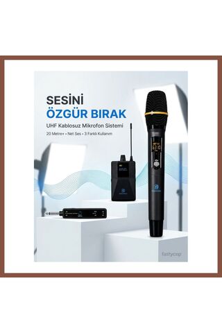 Bezos UHF Kablosuz Mikrofon Seti El Yaka ve Boyun Mikrofonlu 6.5mm Alıcılı 3.5mm Çeviricili Profesyone DRY