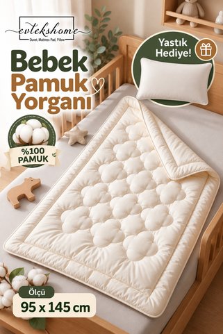 EVTEKSHOME %100 Pamuk Kumaş Bebek Yorganı 95x145 cm – Yastık Hediyeli, Yumuşak Bebek Yorgan Seti