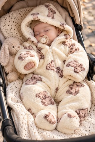 İZYALİF BABY Bebek Welsoft Kozmonot Tulum Kapüşonlu Fermuarlı Patikli Peluş Kışlık Tulum 3-12 Ay Ekru