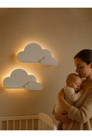 BugyBagy Bebek ve Çocuk Odası LED Aydınlatmalı Duvar Rafı Dekoratif Ahşap Raf - 2’li Işıklı Beyaz Bulut Raf S