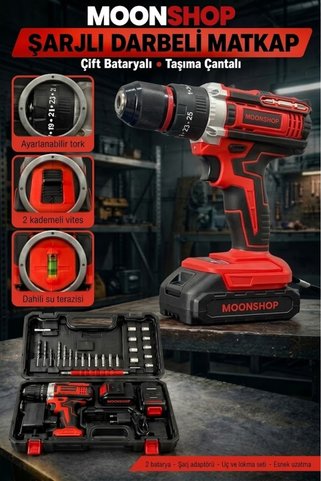 MOONSHOP 21V ÇİFT AKÜ ŞARJLI DARBELİ MATKAP KÖMÜRSÜZ ÇELİK MANDREN VİDALAMA DARBELİ MATKAP