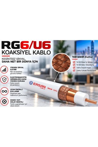 Ersan RG 6-U6 Cu - Cu Class B PVC 100 Metre Beyaz Uydu Kablosu
