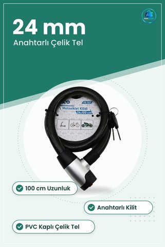 TARER Motosiklet Kilidi Çelik Tel 24 mm x 100 cm Anahtarlı PVC Kaplı Bisiklet Scooter Park Güvenlik