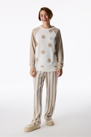 Penti Bej Not Today Puantiye Desenli Uzun Kollu Pijama Üstü