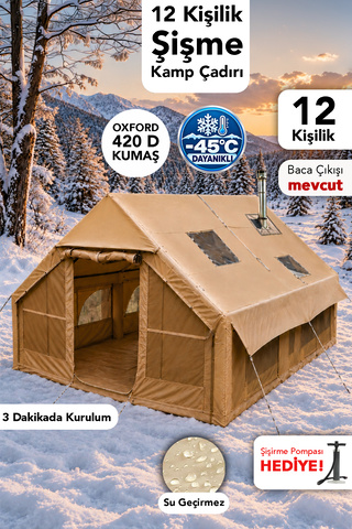 Fischer 12 Kişilik Şişme Çadır - Kolay Kurulum Kamp Plaj Su Geçirmez Outdoor Çadır Şişirme Pompası Hediye