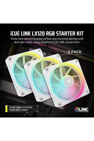HANEL iCUE LINK LX120 RGB 120mm PWM Kasa Fanı Üçlü Paket, Çift Işık Döngüsü, AirGuide Teknolojisi - Beyaz