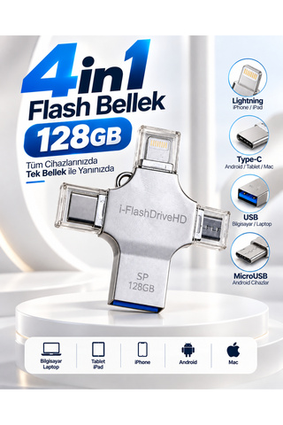 tecnocom Çoklu Cihaz Uyumlu 128GB 4in1 USB Flash Bellek Lightning Type-C USB-A MicroUSB