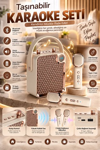 Viessmann Bluetooth Karaoke Hoparlör 2 Mikrofonlu Taşınabilir Şarjlı Müzik Seti Ses Değiştirme Özl