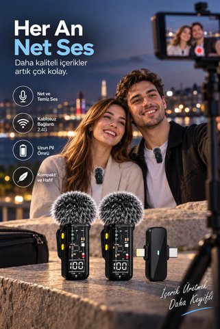 plentiful Kablosuz Çift Yaka Mikrofonu Gürültü Azaltma ve Dijital Ekranlı