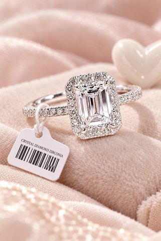 Crystal Diamond Zirconia 0,75 Karat Görünümlü Baget Halo Tektaş Sertifikalı Kararmaz Yüzük Beyaz
