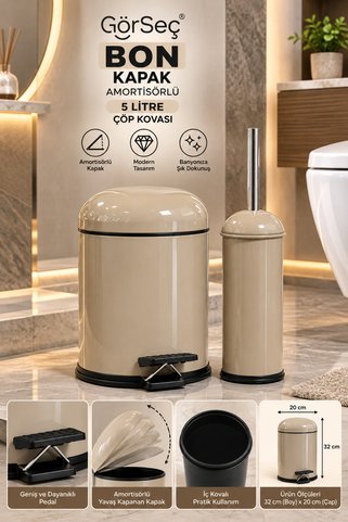GörSeç Metal Bon Kapak Banyo Seti Amörtisörlü 5 LT Cappücüno Çöp Kovası Tuvalet Fırçası Banyo Seti Çöp Kovası