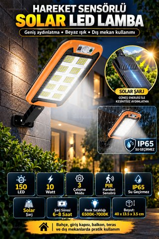 nelerbulurum 150 LED Güneş Enerjili Solar Sokak Lambası 10W Hareket Sensörlü 3 Modlu IP65 Su Geçirmez Bahçe Garaj Balkon Teras Duvar Dış Mekan Aydınlatma
