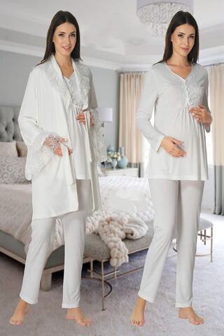 Effort Pijama Zerre Bebe Kadın Beyaz Kadife Sabahlıklı Lohusa Hamile Pijama Takımı 8088