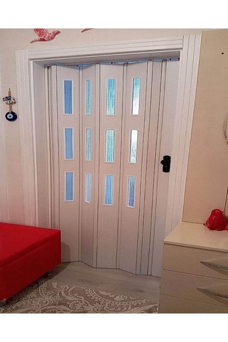 ERİKMANN Akordiyon Kapı 177 Cm H215 Beyaz Camlı Katlanır Pvc Door