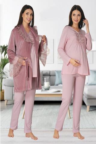 Effort Pijama Zerre Bebe Kadın Pudra Kadife Sabahlıklı Lohusa Hamile Pijama Takımı 8088