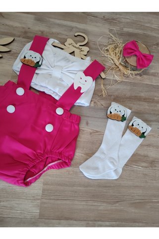 Feriatolye Diş Buğdayı Kız Bebek Pembe Salopet Çorap Crop Toka Takımı