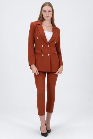 diaves Kadın Kiremit Blazer Ceket Kemerli Cepli Boru Paça Pantolon Takım