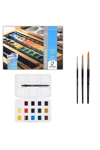 Talens Van Gogh Tablet Sulu Boya (12+3) 15 Renk + Van Gogh Defter + Van Gogh 191 Sulu Boya Fırça Seti