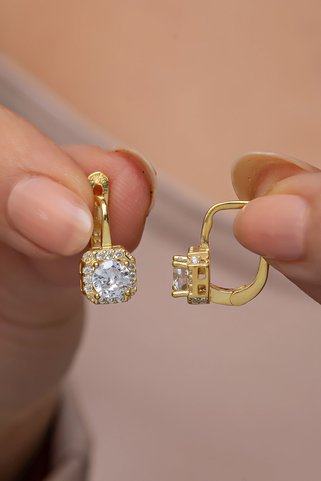 Nereze 925 Ayar Gümüş Gold Kaplama J Model Kare Tektaş Küpe