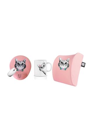 Officeküp Meraklı Kedi Visco Bel Destek Yastığı Mouse Pad Kupa 3'lü Set - Pembe