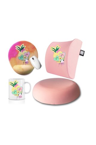 Officeküp Avantajlı 4'lü Ofis Seti: Visco Bel Destek Yastığı & Oturma Minderi & Mousepad & Kupa - Ananas