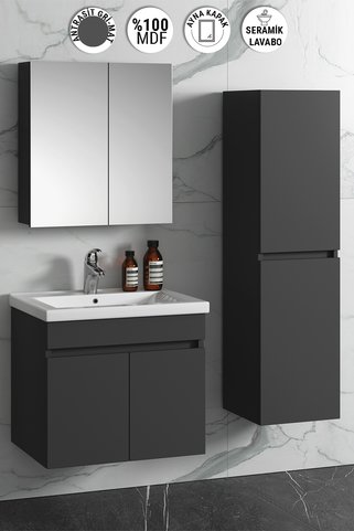 ÖZCEDEN Çiğdem 55+35 cm Antrasit Gri Mat MDF Seramik Lavabolu Asma Banyo Dolabı Takımı