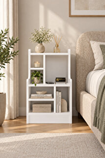 Komodin Raflı Kitaplık Çok Bölmeli Dekoratif Yan Sehpa Organizer Modern Yatak Odası Raf Ünitesi Nature 183 Beyaz