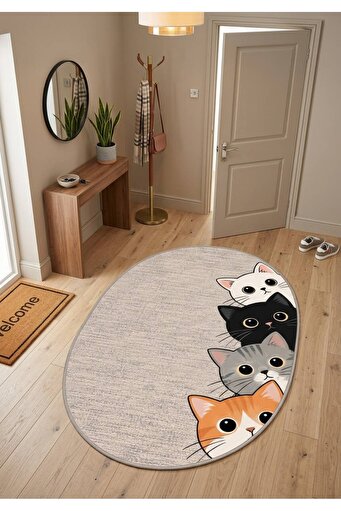 Siyah Rug dekorug Pati Dostu Kedi Desenli Dijital Baskı Pamuk Dokuma Kaymaz Taban ...