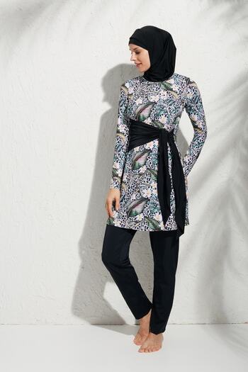 Pierre Cardin Patterned Long Sleeve and Tie Women's Hijab Swimsuit