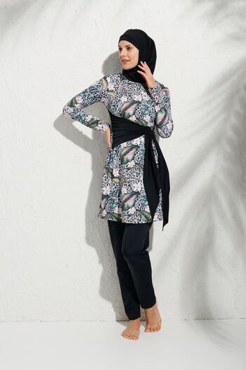 Pierre Cardin Patterned Long Sleeve and Tie Women's Hijab Swimsuit