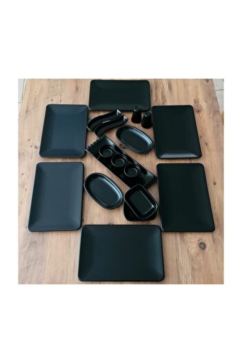 Demet Çeyiz Matte Black Square Siera Keramika Set Breakfast 18 Pieces for 6 People